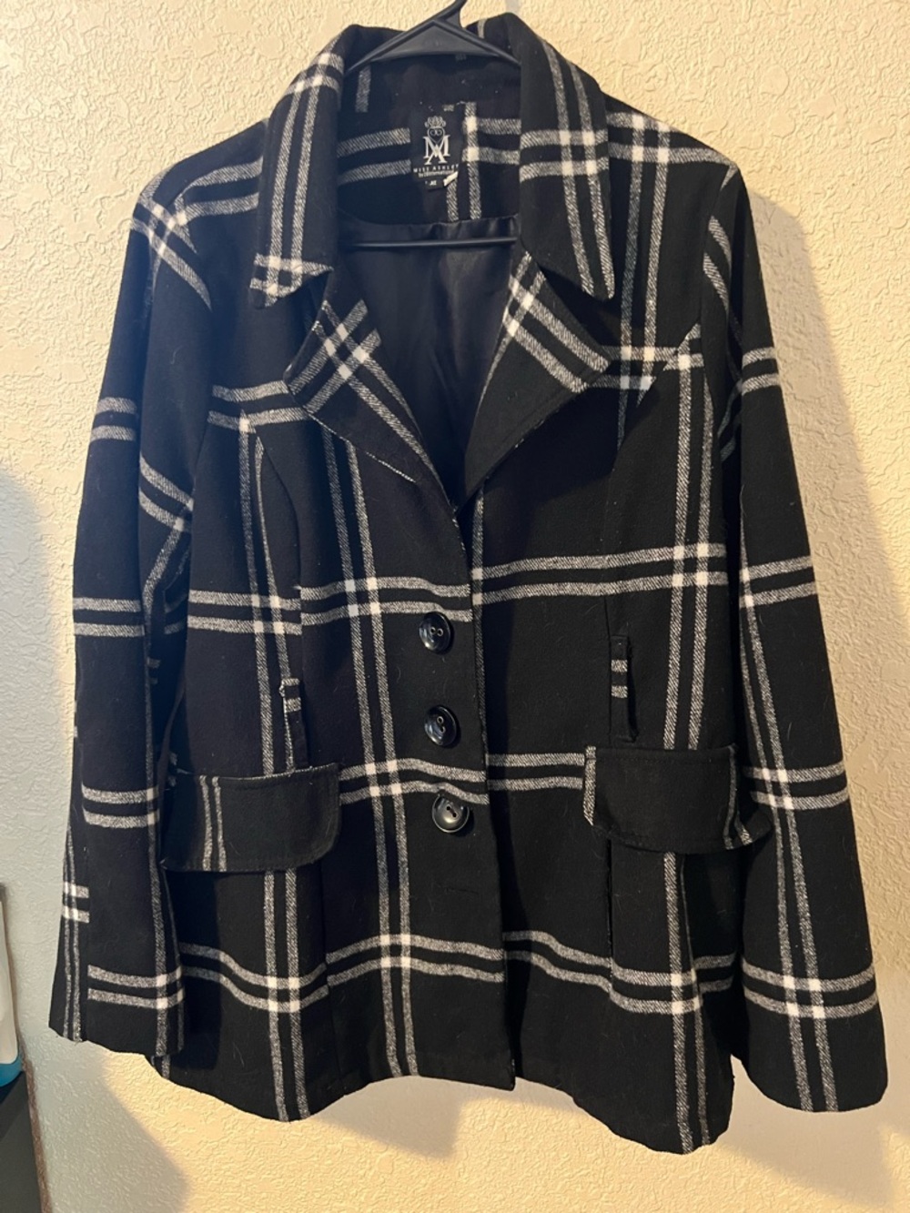 Ashley By 26 International Black Plaid Pea Coat